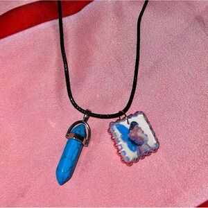 Blue Crystal Pendant and Fairy Charm Necklace